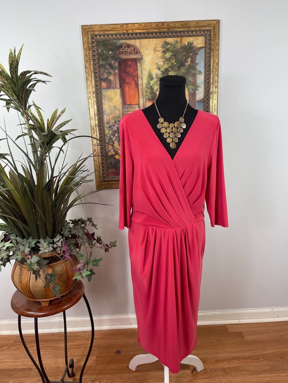 Lauren Ralph Lauren Faux Wrap Dress Women's 14 Pink 3/4 Sleeve Minimalist Attire